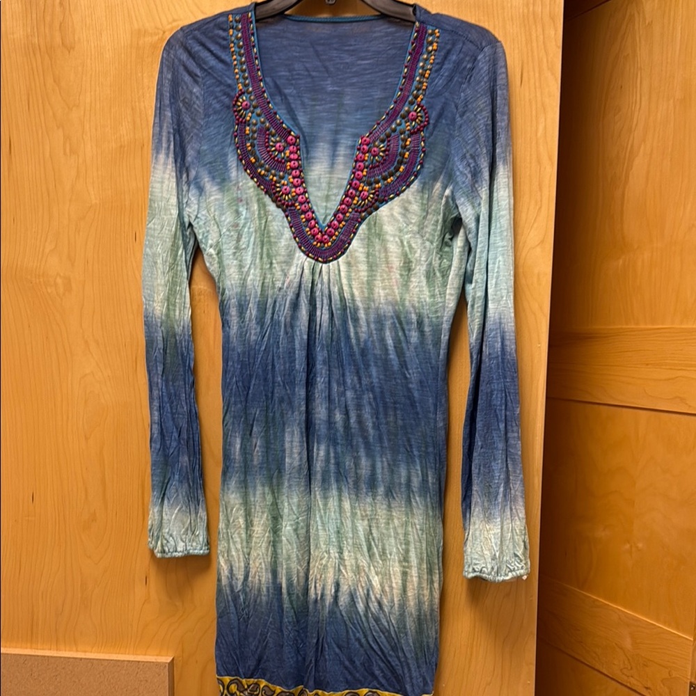 Blue and White Long Sleeve Tie Front Dress with Plunge Neckline Boho style
